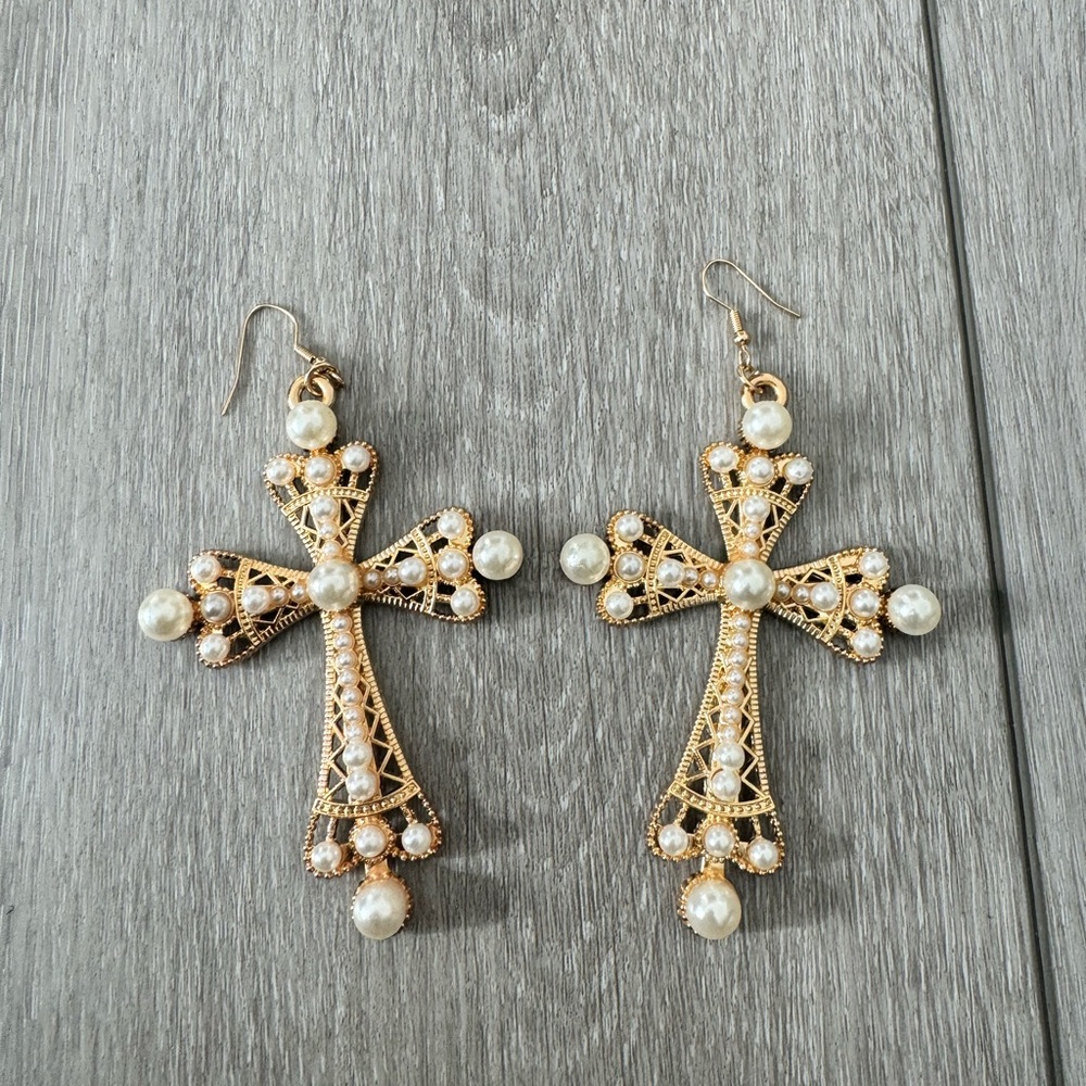 Gold and Pearl Cross Earrings